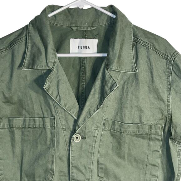 Pistola Army Green Cropped Button-Up Shirt with Raw Hem – Size M - Picture 2 of 5